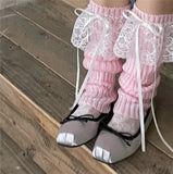 Territory Japanese JK Lolita Girls Bow Streamer Leg Socks Knitted Lace Leg Cover Pile Socks Japanese Y2K Leg Warmers Accessories