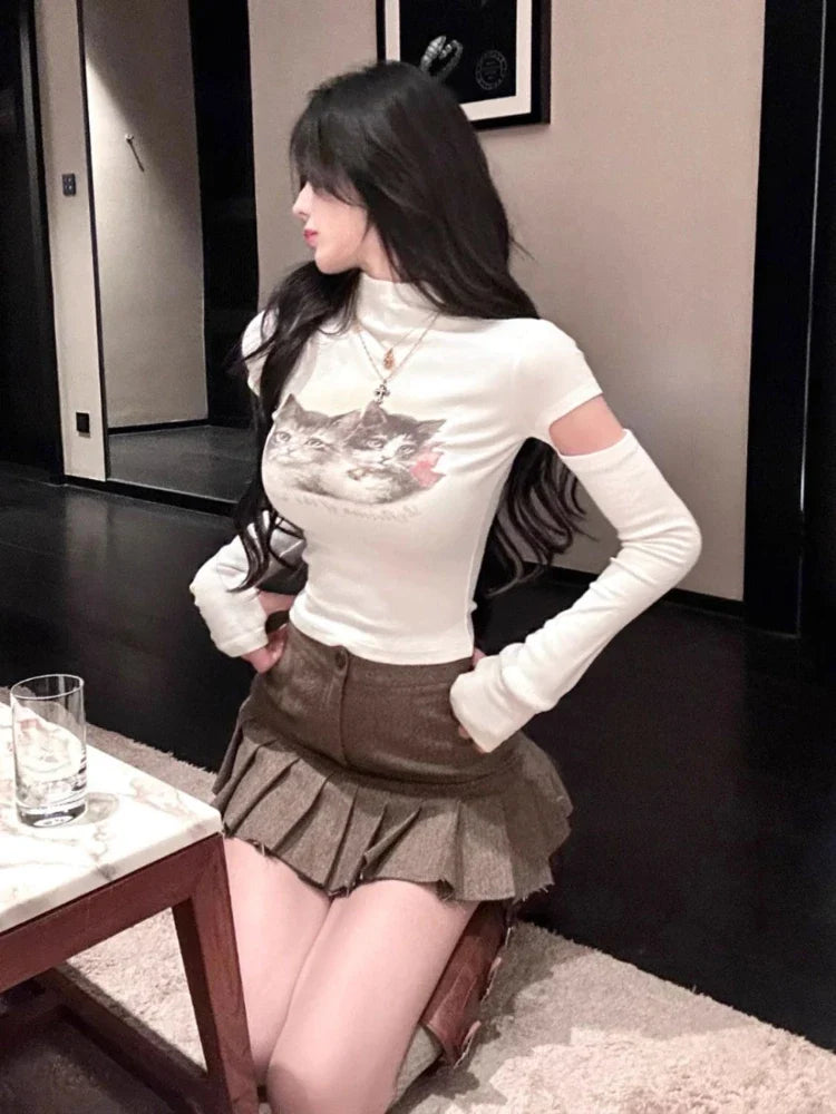 Territory Gyaru Cute White T-shirts Women Coquette Korean Style Hollow Out Long Sleeve Tees Sweet Harajuku Cat Slim Corset Tops