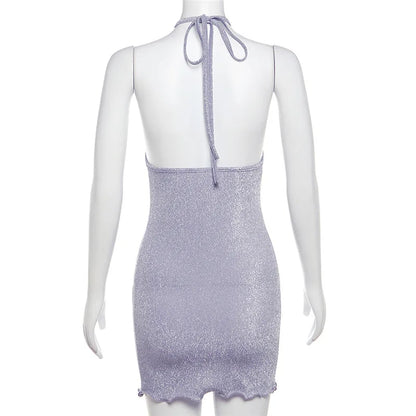 Territory Purple Glitter Sexy Summer Dress 2024 Frill Hollow Out Halter Mini Dresses For Women Night Club Rave Festival Outfits