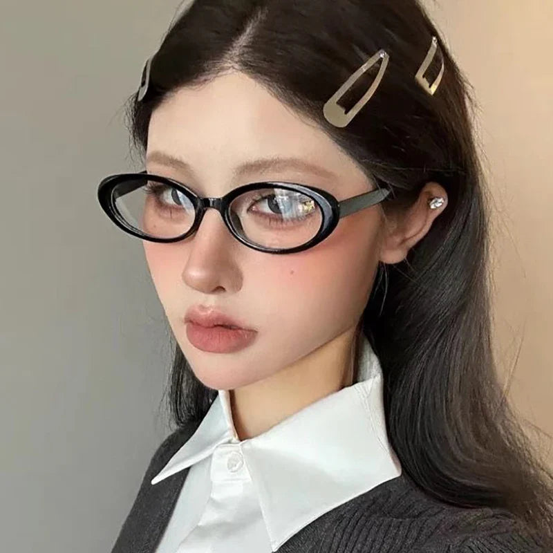 Territory Black Oval Frame Glasses Women Y2K Girls Retro Narrow Spectacles Vintage Computer Reading Goggles Anti-Blue Light Eyewears