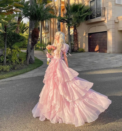 Territory Pink Princess Prom Dresses Sweetheart Short Sleeves Ruffles Graduation Party Dress Long Exquisite Quinceanera Gowns