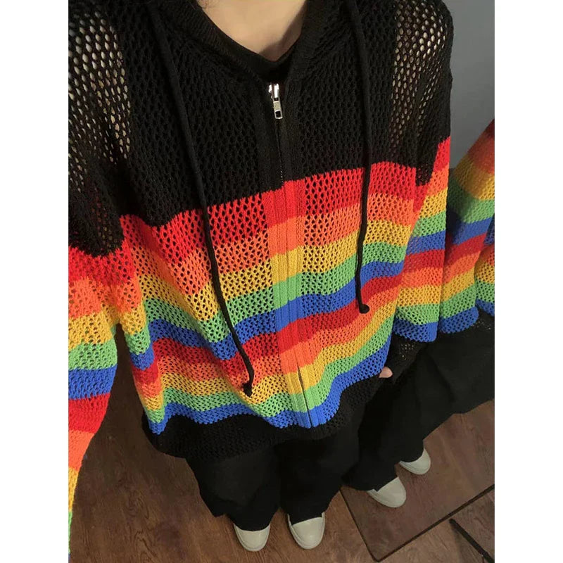 Territory Harajuku Y2k Knitted Cardigans Women See Through Oversized Hollow Out Striped Crochet Top Sweaters Aesthetic Streetwear