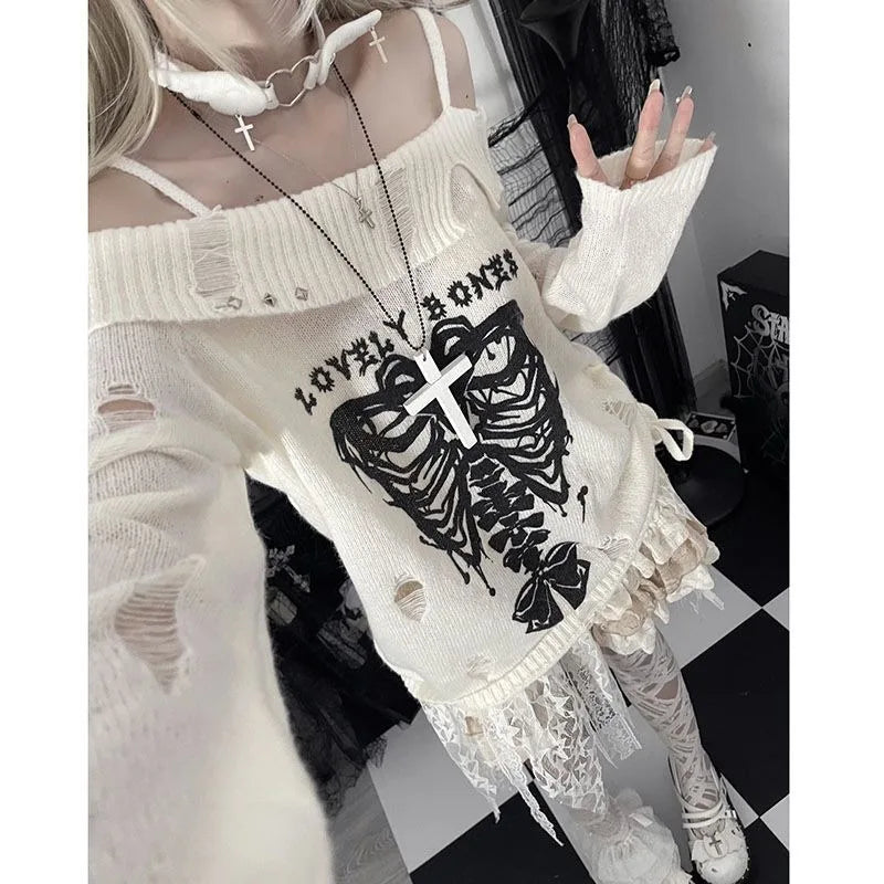 Territory Gothic Y2k Women Sweater Off Shoulder Pullovers Harajuku Anime Graphic Knitwear Hollow Out Kint Spring Oversize Jumper