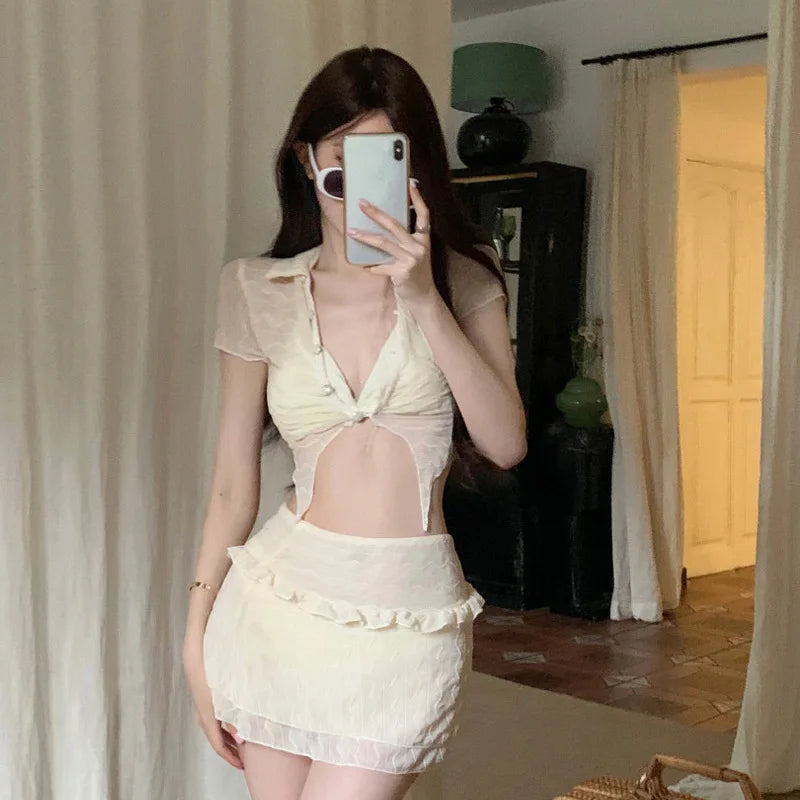 Territory   Women Two-Piece Swimwear Swimsuit White Korean Style 2 Piece Beach Wear Swimsuit Set With Skirt And Cardigan