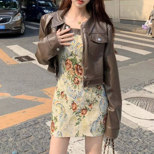 Territory 2024 Spring New Streetwear Floral Printed Sexy Slim Suspender Dress Women +Solid Color Casual Long-sleeved Jacket Two-piece Suit