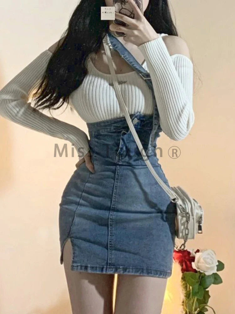 Territory Blue Vintage Knitted Two Piece Set Women Sexy Denim Party Mini Skirt Set Female Split Casual Fashion Skirt Suit Autumn New