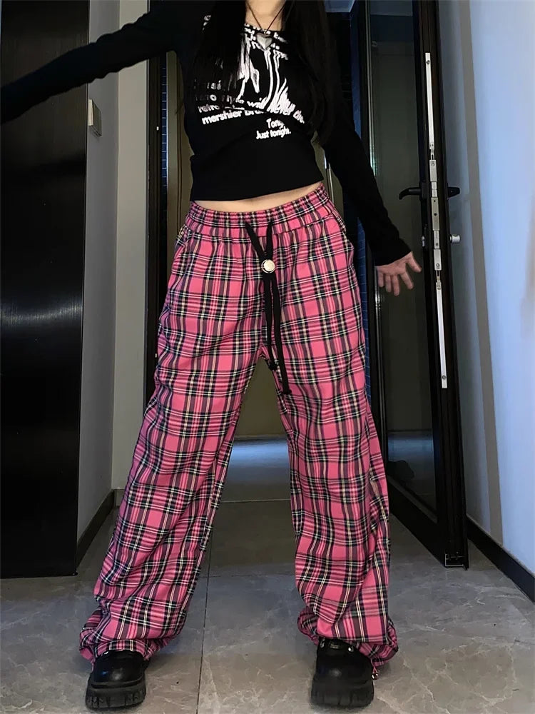 Territory Harajuku Pink Plaid Pants Women Cyber Y2K Egirl Wide Leg Checked Trousers Female Oversize Streetwear Edgy Style Sweatpants