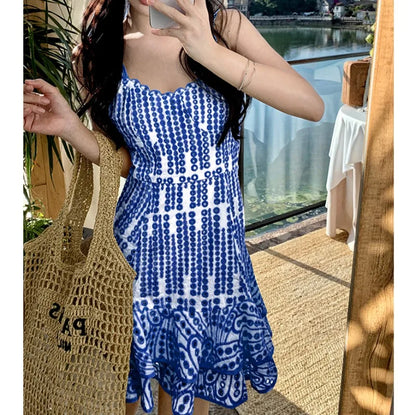 Territory Blue Flora Embroidery Women Dress Bodycon Summer Vacation Hollow Out Clothing Ladies Spaghetti Strap Vestido Vintage