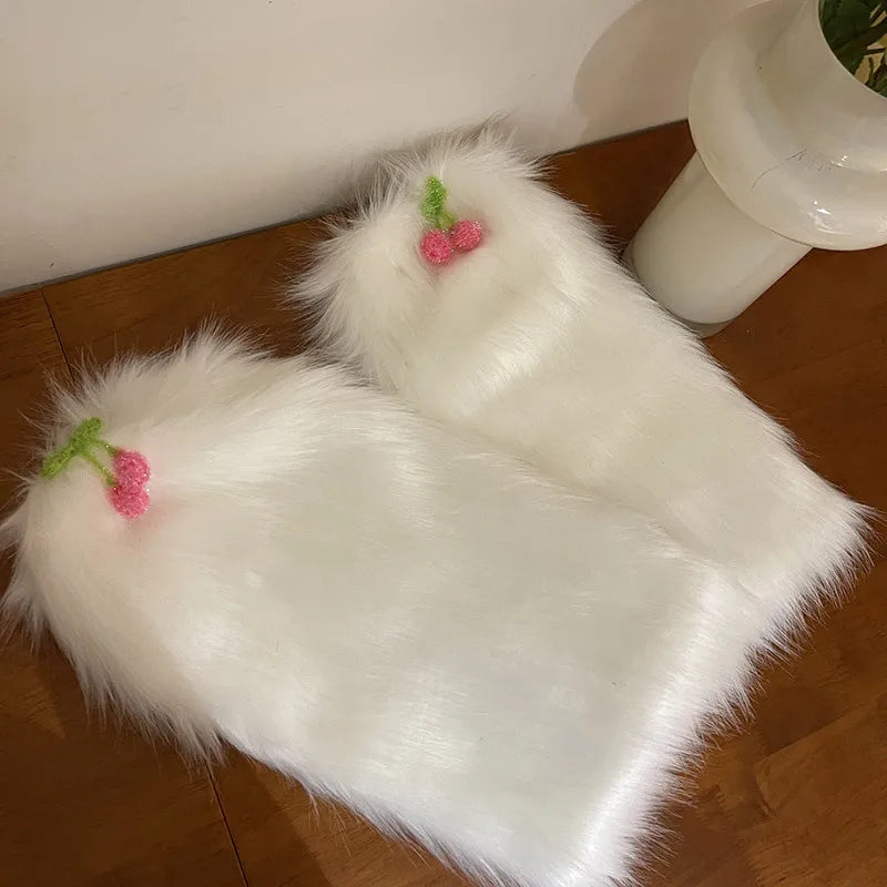 Territory Kawaii Fur Faux Leg Warmers Cherry Lolita Japanese Women Leggings Boots Covers Y2k Girls Harajuku Fur Foot Warming New Year Gift