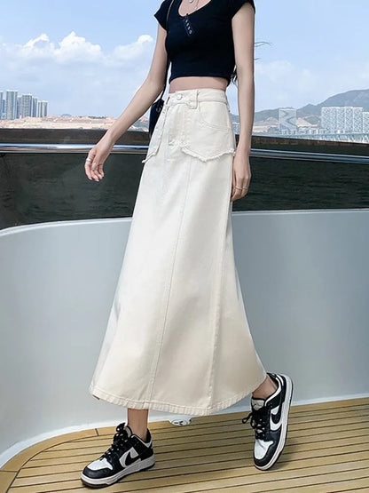 Territory Denim Skirts Womens Summer Casual High Waisted Pocket Midi Skirt Ladies Korean Fashion Mermaid Skirt Female