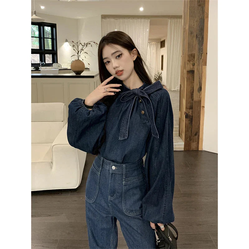 Territory Elegant Bow Denim Shirts Women Vintage Bandage Jeans Blouses Streetwear Korean Puff Long Sleeve Casual All Match Tops New