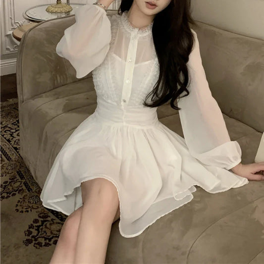 Territory 2024 Spring New Korean Pleated Solid Color Casual Chiffon Long-sleeved A-line Dress Women + Sexy Slim Camisole Two-piece Suit