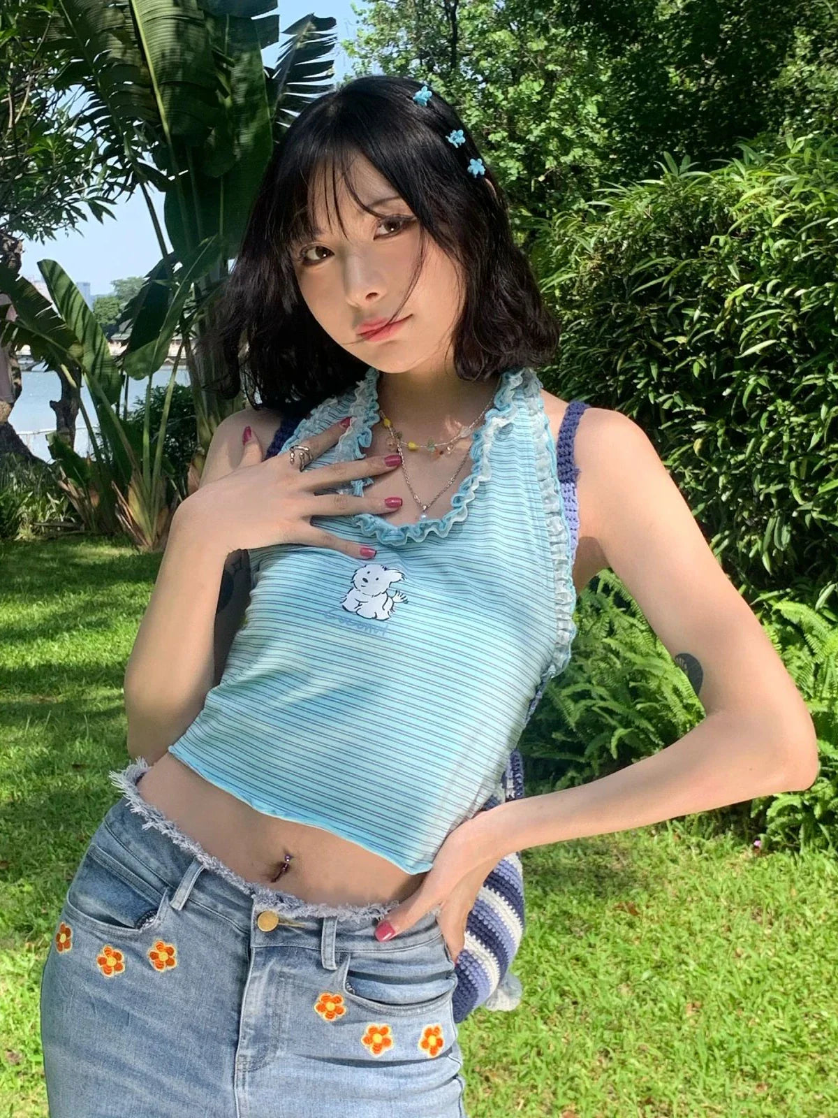 Territory Japanese Kawaii Style Halter Tops Women Harajuku Fashion Cute Dog Print Tank Top Y2k Sweet Blue Striped Crop Top Summer