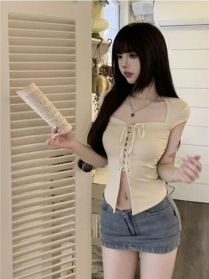 Territory Coquette Aesthetic Beige Crop T-shirts Women Y2k Babydoll Bandage Black Short Sleeve Tees Korean Style Slim Corset Tops