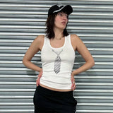 Territory 2000s Y2k Tank Top Tie Printed White Ribbed Crop Tops Womans Clothing Street Fashion Graphic Tees Summer