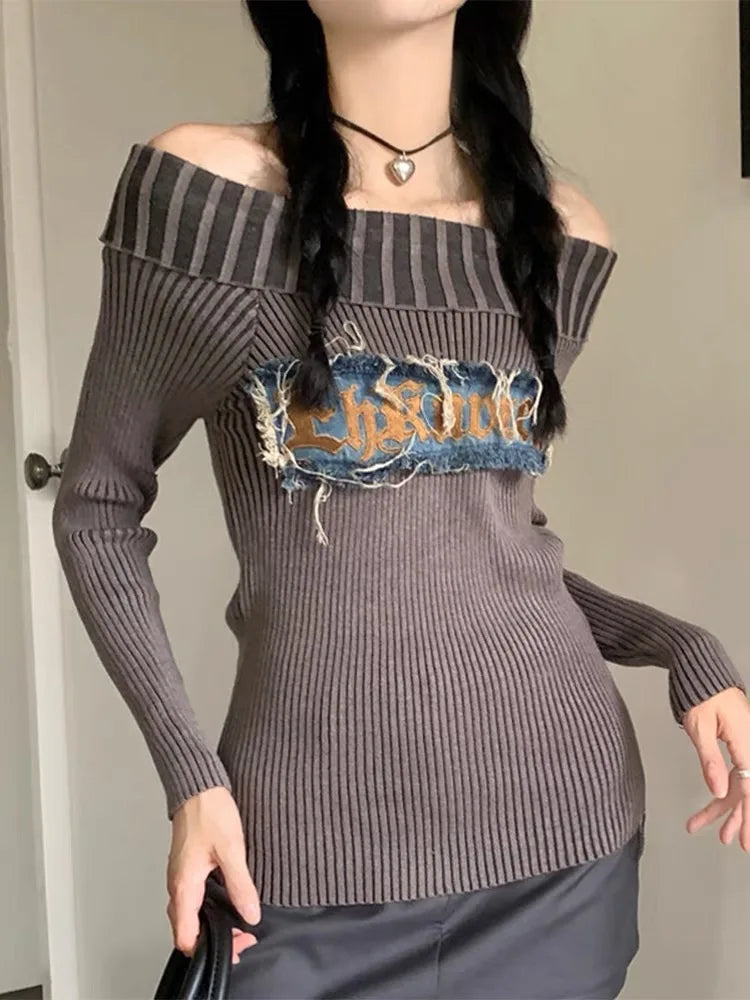 Territory Grunge Sweater Women Y2k Off Shoulder Knitted Pullover Punk Vintage Slim Fit Sexy Pulls Aesthetic 2000s Long Sleeve Jumper