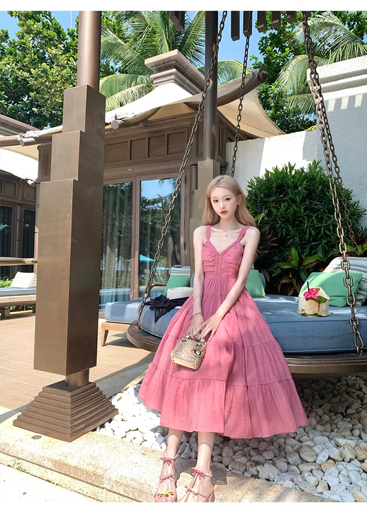 Territory Beach Style Holiday Midi Dresses for Women Summer Korean Fashion Sleeveless Pleated Camisole Elegant Party Female Clothing