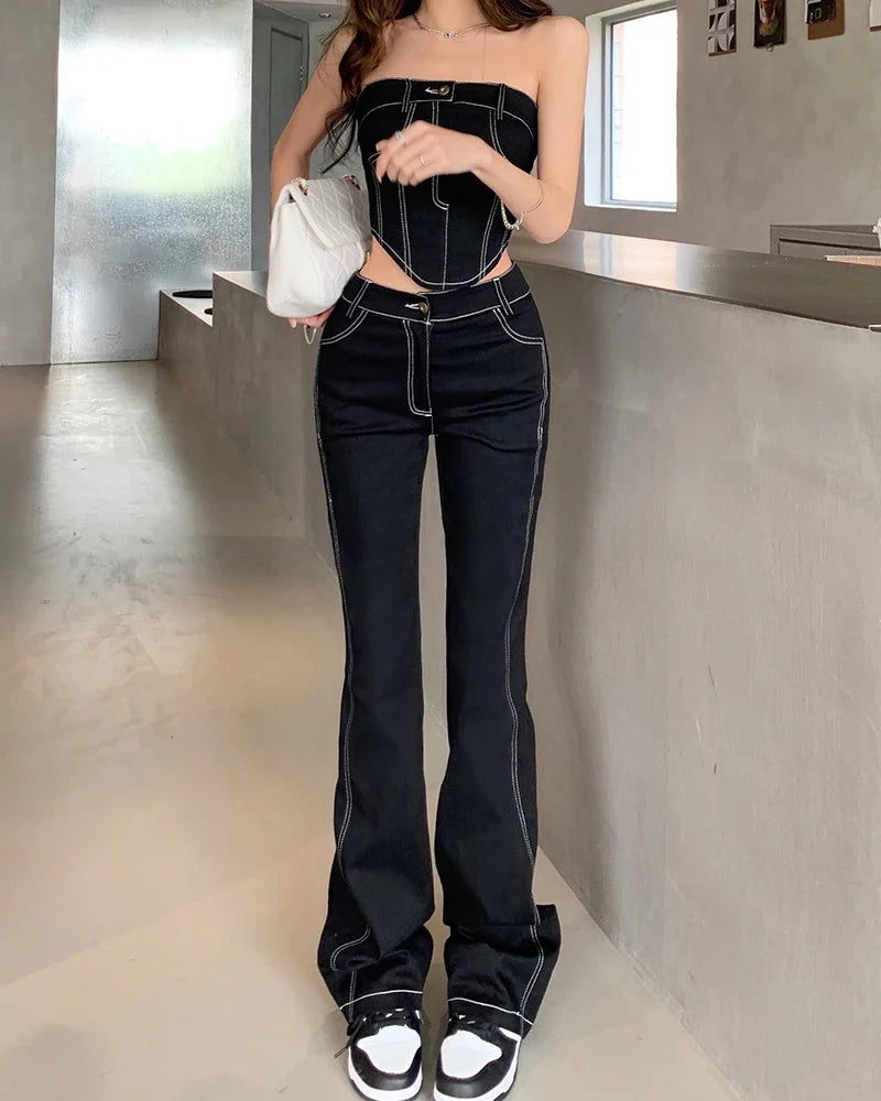 Territory 2024 Spring Flare Jeans For Women Line Denim Straight Pants Jeans Full Length Female Trousers Jean Sleeveless Sexy Vest 4530