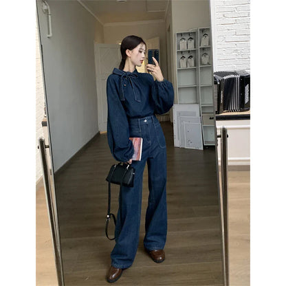 Territory Elegant Bow Denim Shirts Women Vintage Bandage Jeans Blouses Streetwear Korean Puff Long Sleeve Casual All Match Tops New