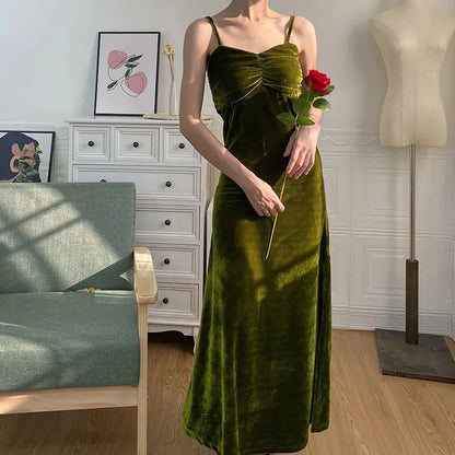 Territory French Retro Literary Green Velvet Suspender Dress Women Ol Temperament Elegant Sleeveless Dress Korean Summer Spring Long Dress