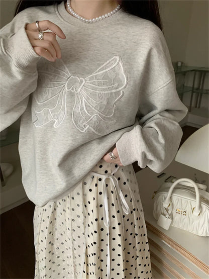 Territory Oversize Sweatshirts Women Grey Chic Casual New All Match 2024 Polka Dots Maxi Skirts Daily Office Lady Spring