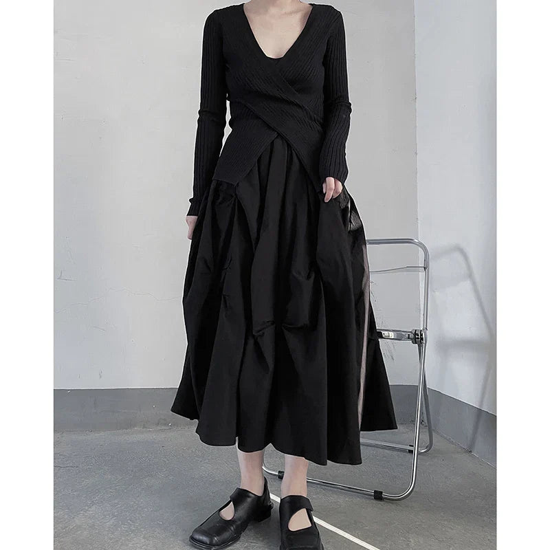 Territory Gothic Pleated Midi Skirts Women Y2K High Waist Folds A Line Skirt Streetwear Korean Harajuku Elegant Slim Chic Ball Gown