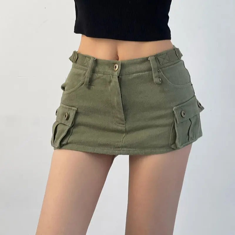 Territory Denim Cargo Mini Skirt Women Korean Style Low Waist Slim Sexy Vintage Streetwear Green Jean Skirt Y2k Girl Summer