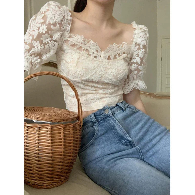 Territory Elegant Slash Neck Shirts Women Summer Lace Patchwork Crop Tops Sweet Korean Square Collar Puff Short Sleeve Slim Blouses