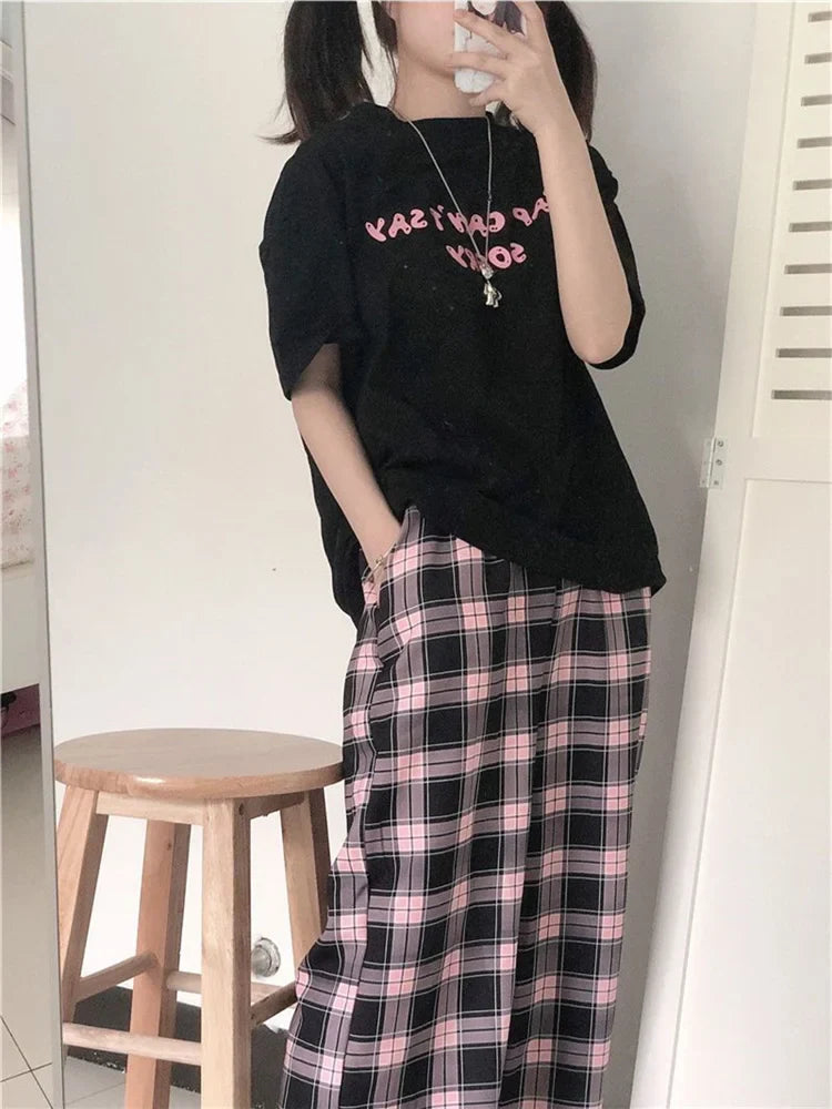 Territory Harajuku Pink Plaid Pants Women Japanese Y2K Cute Checked Trousers Oversized Korean Fashion Basic Wide Leg Sweatpants