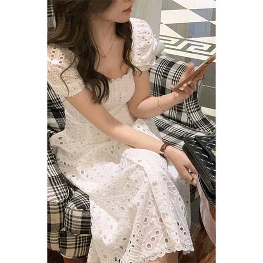 Territory Elegant White Dress Women Korean Hollow Out A Line Midi Dresses Summer Sweet Vintage Puff Short Sleeve Slim Chic Vestidos