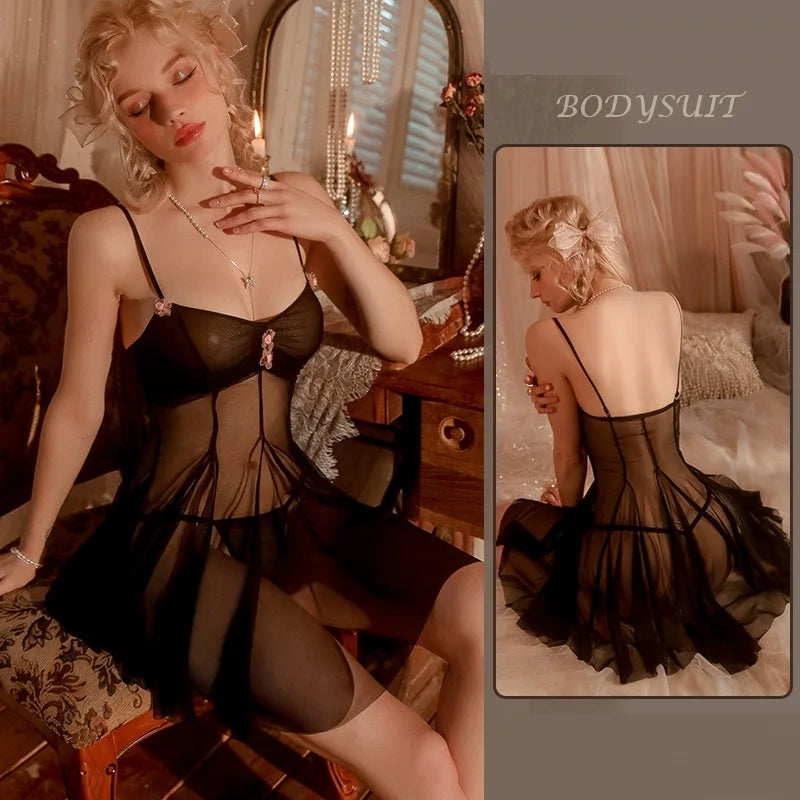 Territory Sexy Elegant Lingerie Nightgowns Perspective Women Elegant Nightwear Lace Trim Sleepwear Woman Sleeveless Suspender Nightdress