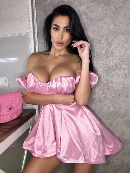 Territory Satin Puff Sleeve Backless Sexy Mini Dress For Women Pink Off-shoulder Strapless Backless A-line Club Party Dress