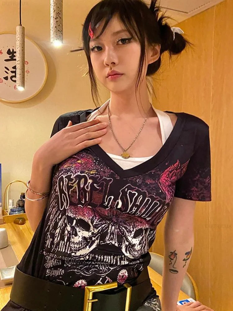 Territory Gothic Punk T-shirt Women Y2k Aesthetics V Neck Slim Tops Summer Harajuku Fairy Grunge Streetwear Vintage Tshirt Camisetas Tees