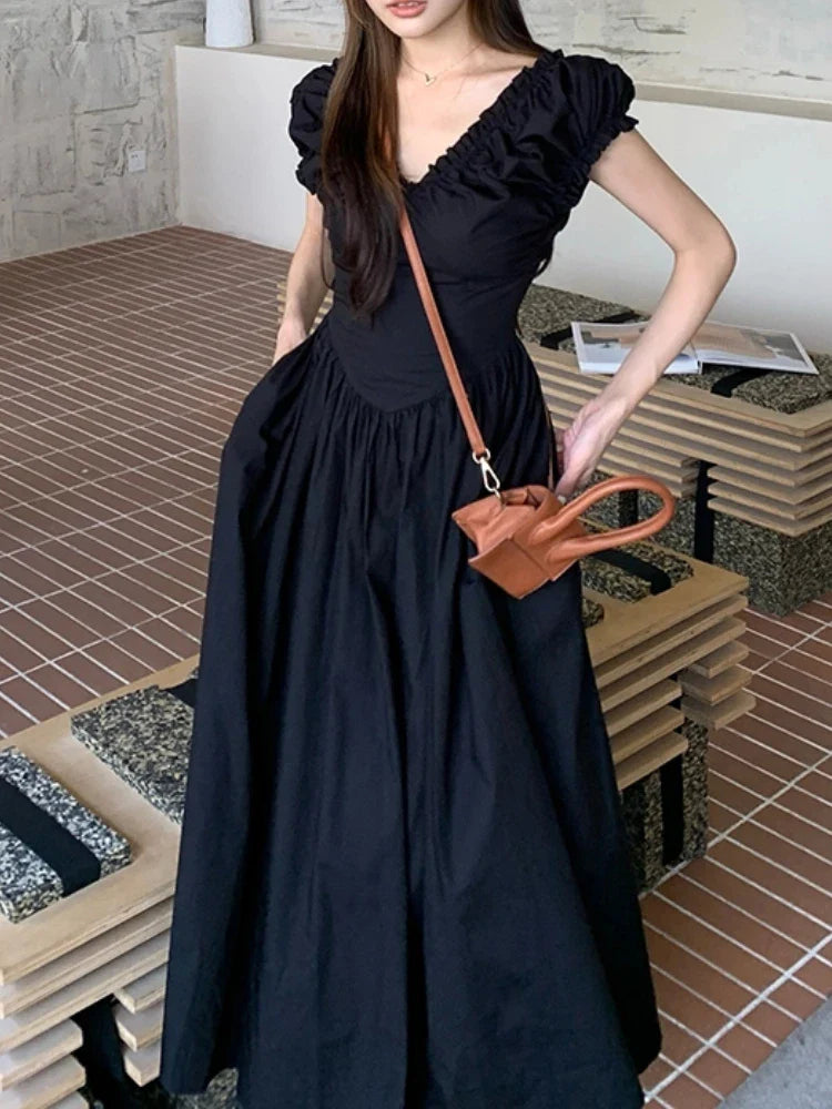 Territory Elegant and Chic Women Fashion A-Line Party Dress Vintage Casual Slim Solid Birthday Robe Female Clothes Vestidos Summer