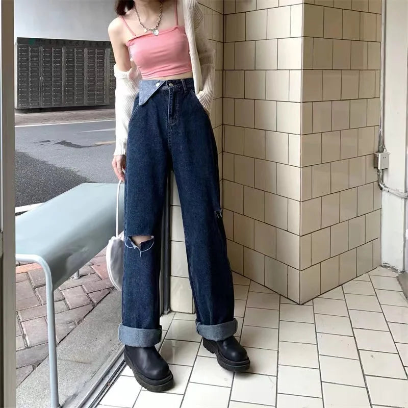 Territory Hot Girl  High Waist Baggy Jeans Woman Hole Vintage Streetwear Hip-hop Stylish Wide Leg Trouser Female Daily All-match Trendy