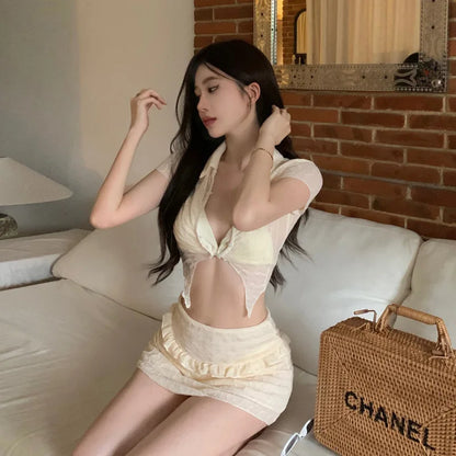 Territory   Women Two-Piece Swimwear Swimsuit White Korean Style 2 Piece Beach Wear Swimsuit Set With Skirt And Cardigan