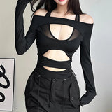 Territory Goth Dark Cyber Y2k Punk Hollow Out Sexy Bodysuits Mall Gothic Bodycon Mesh Sheer T-shirts Women Long Sleeve Patchwork Bodysuit