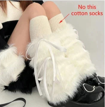 Territory Kawaii Bow Knot Leg Warmers Thickened Imitation Rabbit Fur Women Leggings Boots Cover Lolita Punk Harajuku Party Accessories