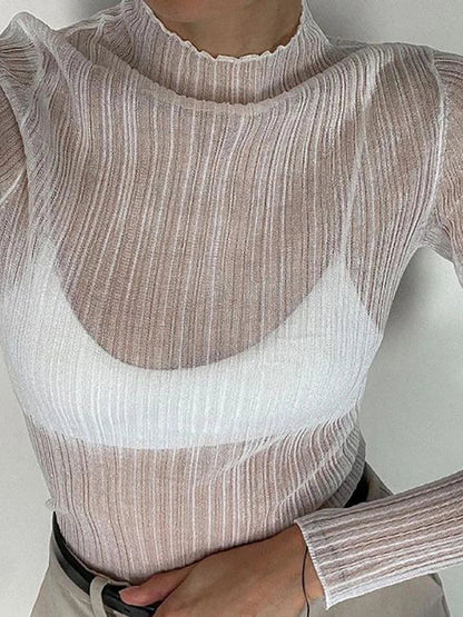 Territory See Through Knitted T-Shirts Women Autumn White Long Sleeve Mock Neck Tops Femme Elegant High Street Slim Tops Tee