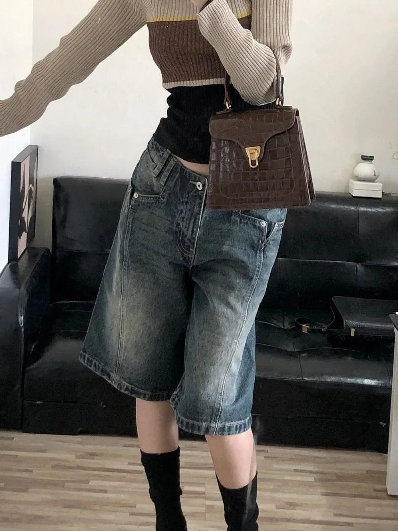 Territory American Retro Blue Denim Shorts Women Korean Style High Waist Biker  Jeans Feminino 2024 Summer Chic Streetwear