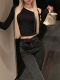 Territory 2024 Spring Hollow Out Slim Waist Tunic T-shirts Basic Sexy Long Sleeve Streetwear Tops Women Y2k Aesthetic All Match Solid Tees