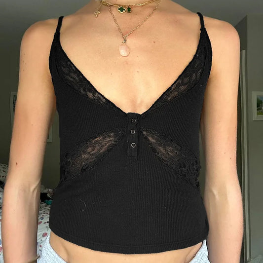 Territory See Through Lace Patchwork Crop Top Casual V Neck Sleeveless Slim Solid Women Camisole Y2k Harajuku Basic Tee Streetwear