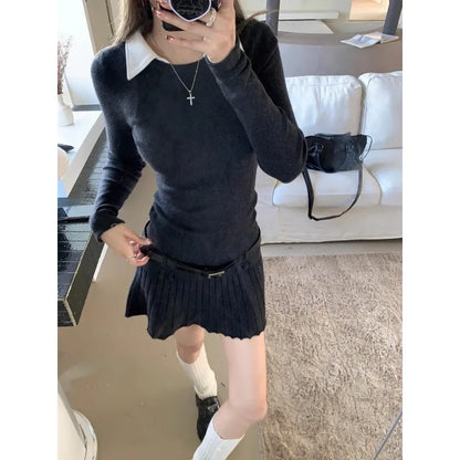 Territory Polo Collar Contrast Color Patchwork Knit Long-sleeved Dress Women 2024 Spring New Streetwear Sexy Slim Pleated Mini Dress