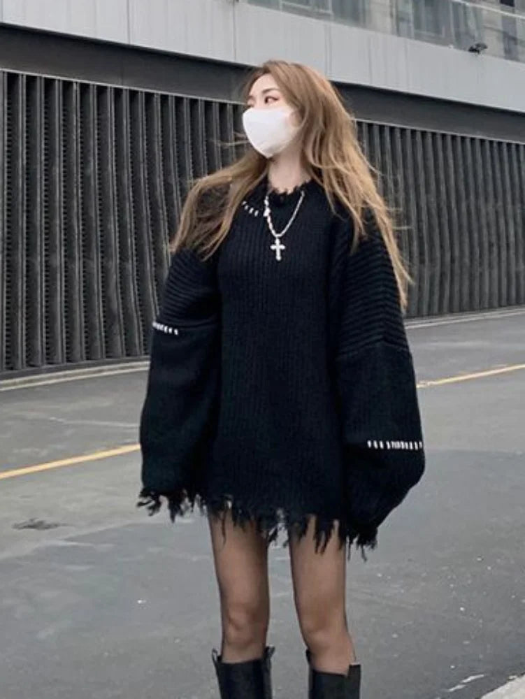 Territory Gothic Harajuku Black Sweaters Pullover Oversize Women Mall Goth Tops Streetwear Korean Fashion Autumn Knitwear