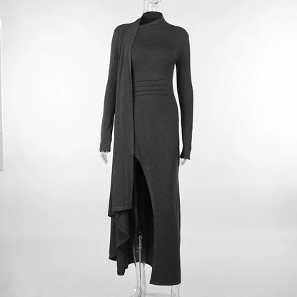 Territory Asymmetrical Knit Long Dresses For Women Winter Fashion Kendall Outfits Gray Black Sexy Long Sleeve Slit Dress