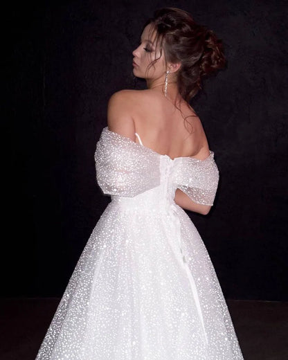 Territory Glitter Princess Wedding Dresses Off The Shoulder Sparkly Sleeveless Bridal Gowns A-Line Dubai Pageant Long Bride Dress