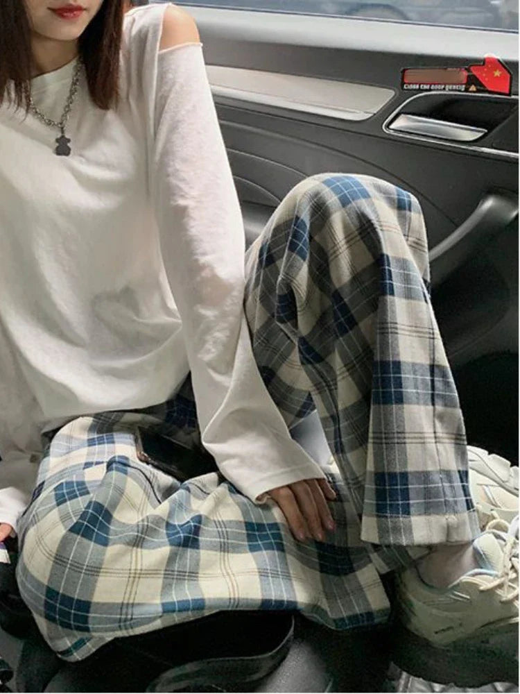 Territory Harajuku Plaid Pants Women Casual Wide Vintage Korean Style White Checked Trouser Thin Home Pants Chic Female Streetwear