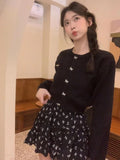 Territory Fashion Sweet O-neck Long Sleeve Knitted Cardigan+ Y2k E-Girl High Waist Flower Print Ruched Skirts Spring New Two Piece Sets