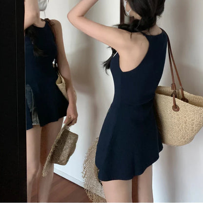 Territory High Street Fashion All Match Knitted Camisole Women 2024 Spring New Korean Asymmetric Sexy Slim Split Solid Color Tops