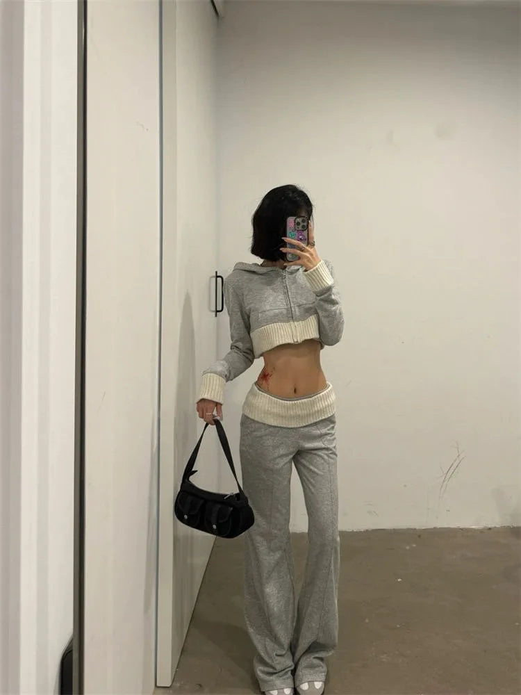 Territory Korean Long Sleeve Hoodie Knitted Coat Women+ Y2k Grunge High Waist Loose Wide Leg Pants 2024 Spring New Two Piece Sets